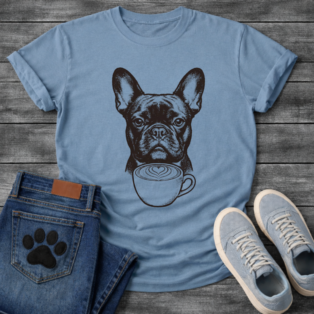 French Bulldog portrait with latte art coffee cup detailed illustration graphic tee