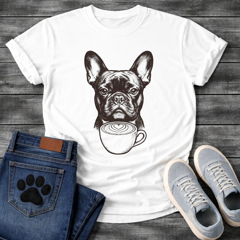 French Bulldog portrait with latte art coffee cup detailed illustration graphic tee
