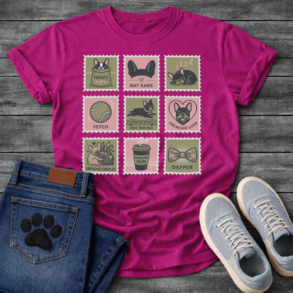 Nine French Bulldog lifestyle stamp grid graphic tee showing Treats Bat Ears Sleeping Fetch Frenchie Sploot Frenchie Love Cuddles Frenchie Mom and Dapper
