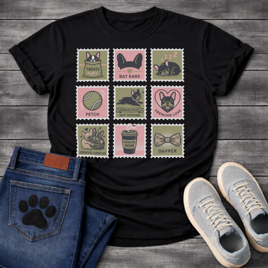 Nine French Bulldog lifestyle stamp grid graphic tee showing Treats Bat Ears Sleeping Fetch Frenchie Sploot Frenchie Love Cuddles Frenchie Mom and Dapper
