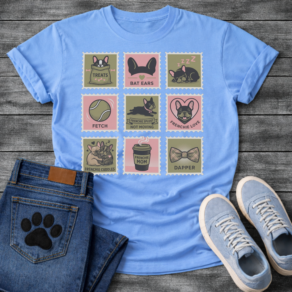Nine French Bulldog lifestyle stamp grid graphic tee showing Treats Bat Ears Sleeping Fetch Frenchie Sploot Frenchie Love Cuddles Frenchie Mom and Dapper
