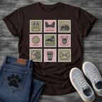 Nine French Bulldog lifestyle stamp grid graphic tee showing Treats Bat Ears Sleeping Fetch Frenchie Sploot Frenchie Love Cuddles Frenchie Mom and Dapper
