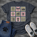 Nine French Bulldog lifestyle stamp grid graphic tee showing Treats Bat Ears Sleeping Fetch Frenchie Sploot Frenchie Love Cuddles Frenchie Mom and Dapper
