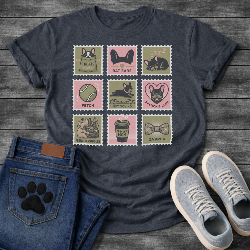 Nine French Bulldog lifestyle stamp grid graphic tee showing Treats Bat Ears Sleeping Fetch Frenchie Sploot Frenchie Love Cuddles Frenchie Mom and Dapper
