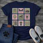 Nine French Bulldog lifestyle stamp grid graphic tee showing Treats Bat Ears Sleeping Fetch Frenchie Sploot Frenchie Love Cuddles Frenchie Mom and Dapper
