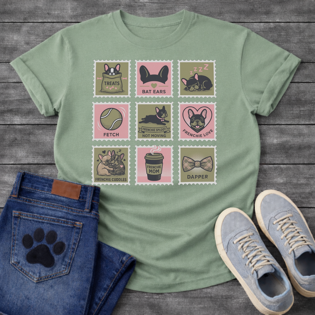 Nine French Bulldog lifestyle stamp grid graphic tee showing Treats Bat Ears Sleeping Fetch Frenchie Sploot Frenchie Love Cuddles Frenchie Mom and Dapper
