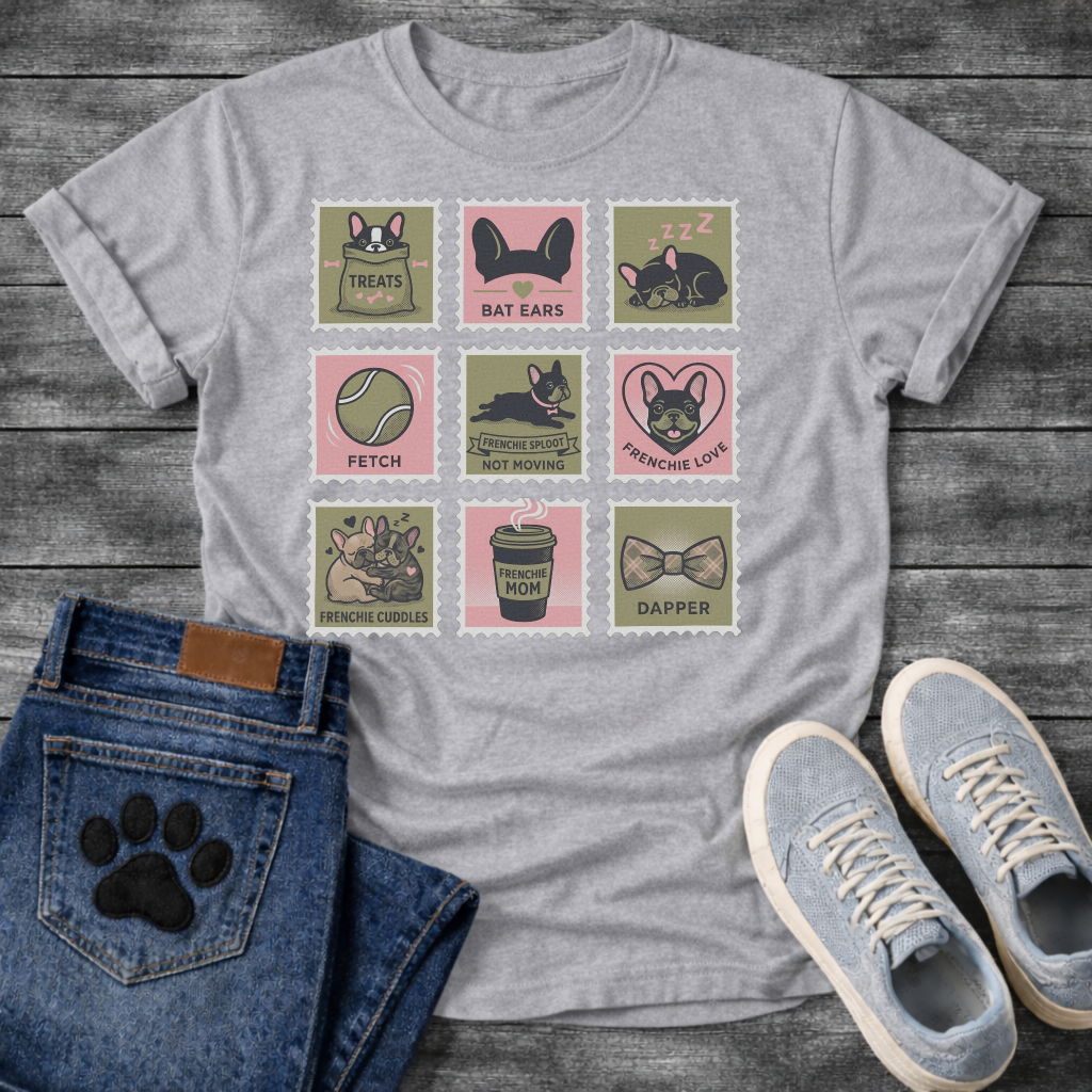 Nine French Bulldog lifestyle stamp grid graphic tee showing Treats Bat Ears Sleeping Fetch Frenchie Sploot Frenchie Love Cuddles Frenchie Mom and Dapper
