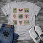 Nine French Bulldog lifestyle stamp grid graphic tee showing Treats Bat Ears Sleeping Fetch Frenchie Sploot Frenchie Love Cuddles Frenchie Mom and Dapper
