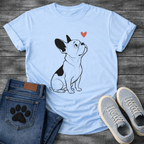 French Bulldog sketch illustration looking up at a red heart graphic tee