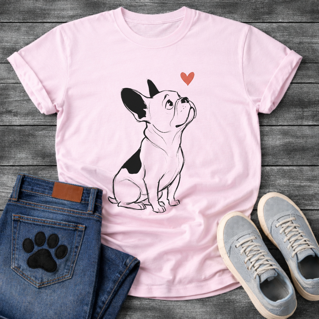 French Bulldog sketch illustration looking up at a red heart graphic tee