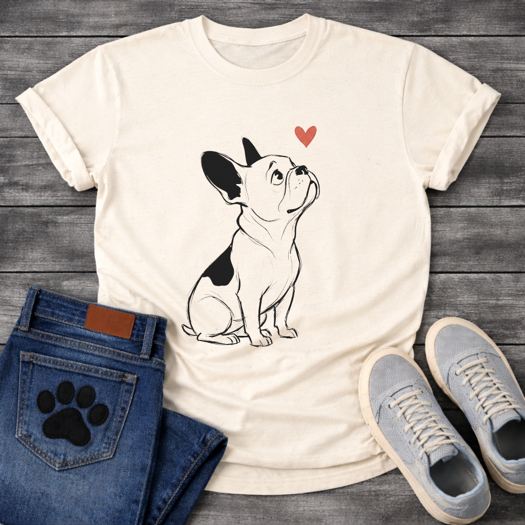 French Bulldog sketch illustration looking up at a red heart graphic tee