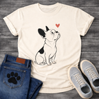 French Bulldog sketch illustration looking up at a red heart graphic tee