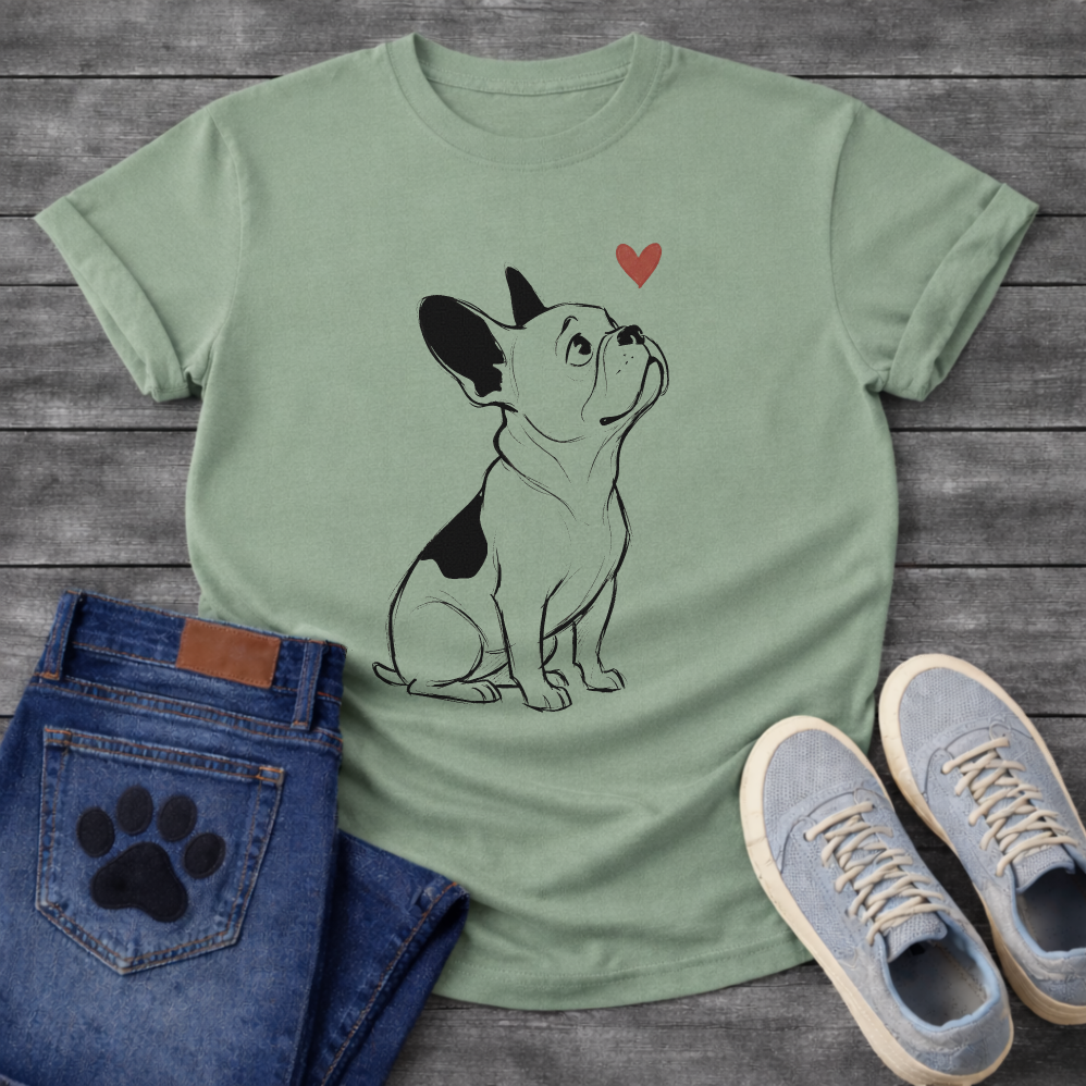 French Bulldog sketch illustration looking up at a red heart graphic tee