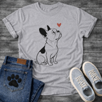 French Bulldog sketch illustration looking up at a red heart graphic tee