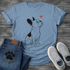 French Bulldog sketch illustration looking up at a red heart graphic tee