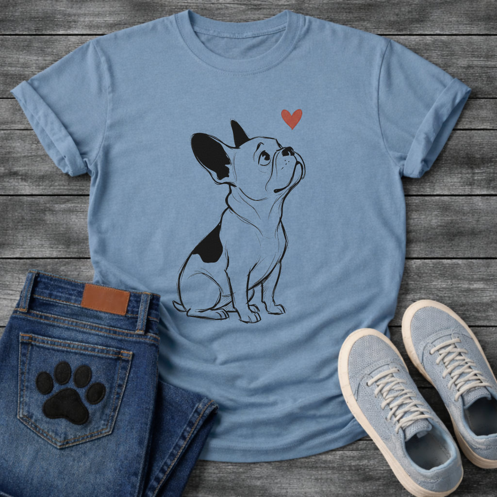 French Bulldog sketch illustration looking up at a red heart graphic tee