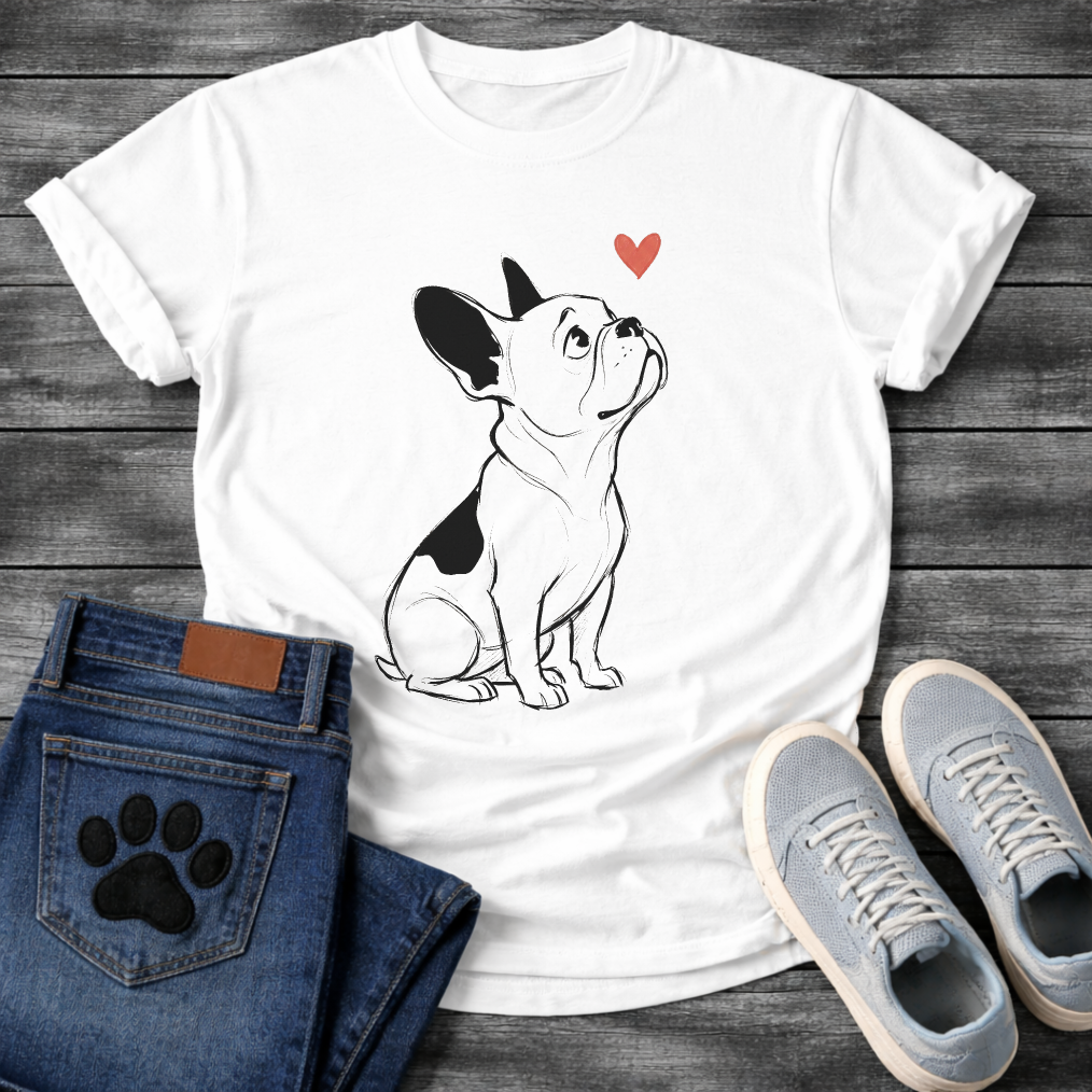 French Bulldog sketch illustration looking up at a red heart graphic tee