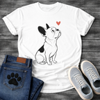 French Bulldog sketch illustration looking up at a red heart graphic tee