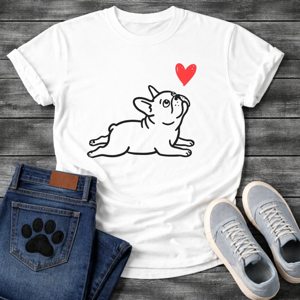 
Frenchie Love cute dog shirt white French Bulldog line art heart pet lover tee