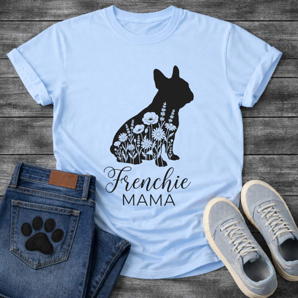 Frenchie Mama dog mom shirt white French Bulldog floral silhouette pet lover tee
