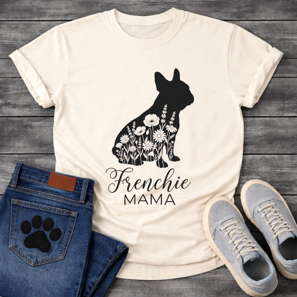 Frenchie Mama dog mom shirt white French Bulldog floral silhouette pet lover tee