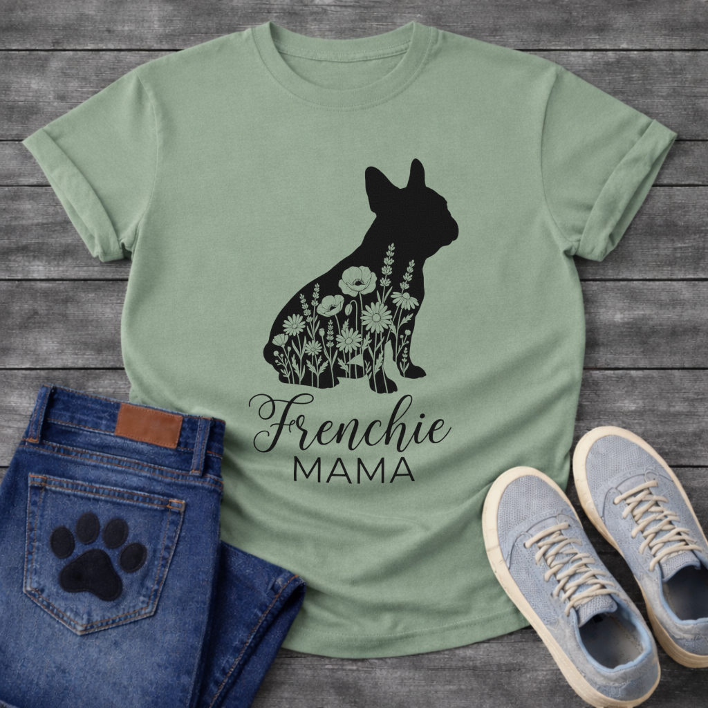 Frenchie Mama dog mom shirt white French Bulldog floral silhouette pet lover tee