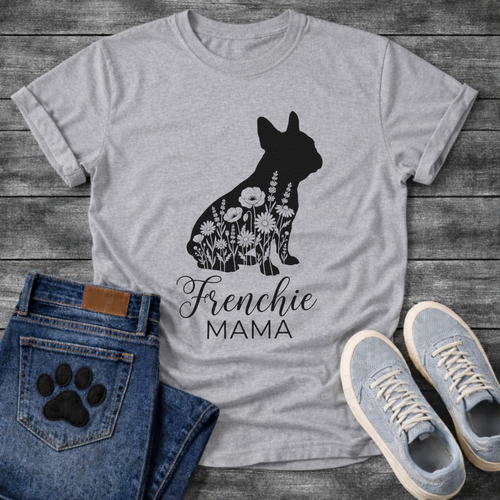 Frenchie Mama dog mom shirt white French Bulldog floral silhouette pet lover tee