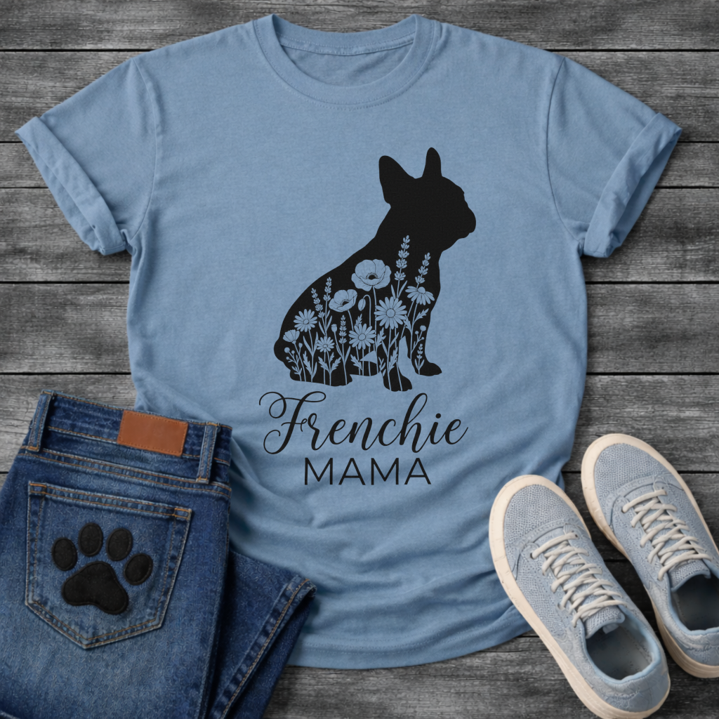 Frenchie Mama dog mom shirt white French Bulldog floral silhouette pet lover tee
