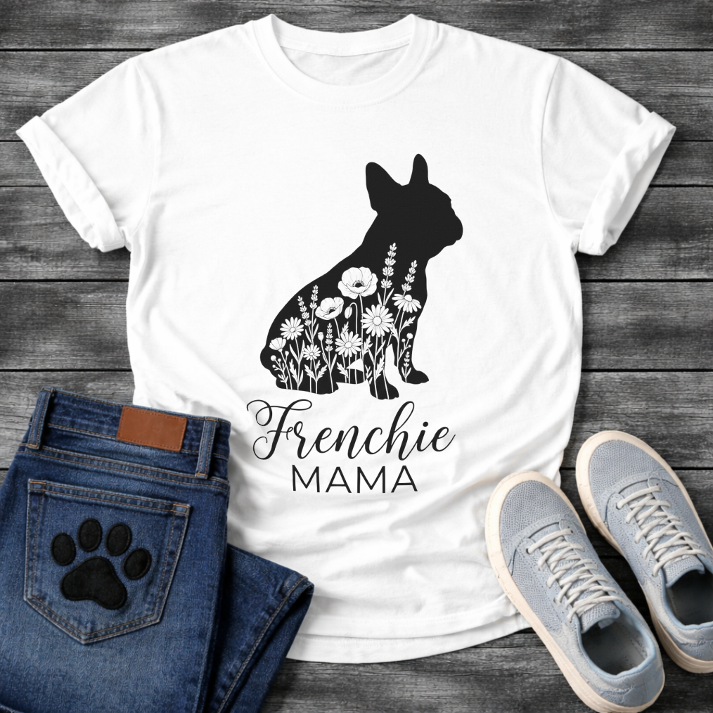 Frenchie Mama dog mom shirt white French Bulldog floral silhouette pet lover tee
