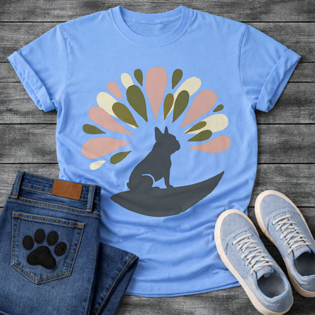 French Bulldog t-shirt with Frenchie silhouette sitting on a crescent moon, abstract teardrop petal burst radiating behind in muted pink olive green and cream tones, no text, soft boho illustration graphic