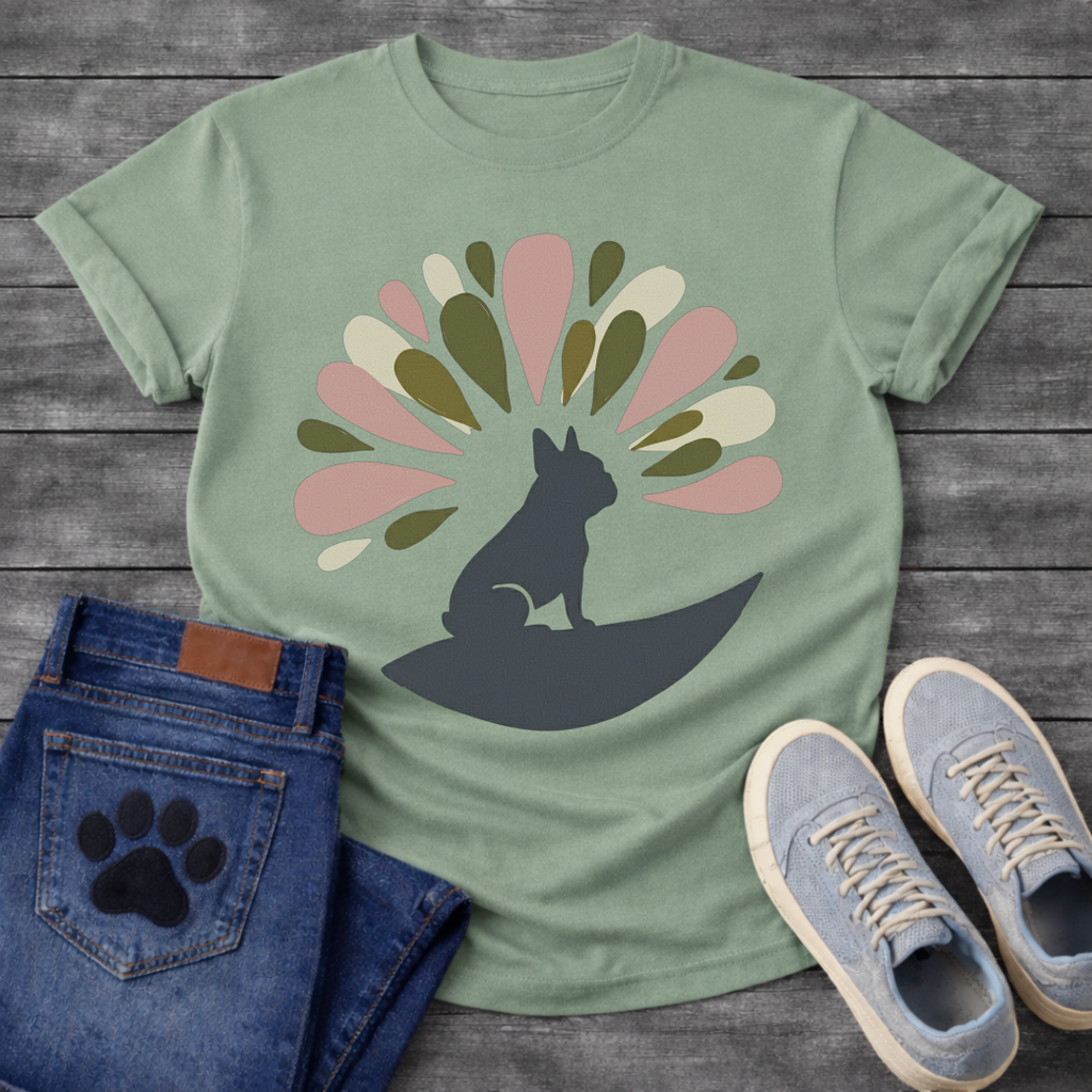 French Bulldog t-shirt with Frenchie silhouette sitting on a crescent moon, abstract teardrop petal burst radiating behind in muted pink olive green and cream tones, no text, soft boho illustration graphic