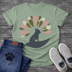 French Bulldog t-shirt with Frenchie silhouette sitting on a crescent moon, abstract teardrop petal burst radiating behind in muted pink olive green and cream tones, no text, soft boho illustration graphic