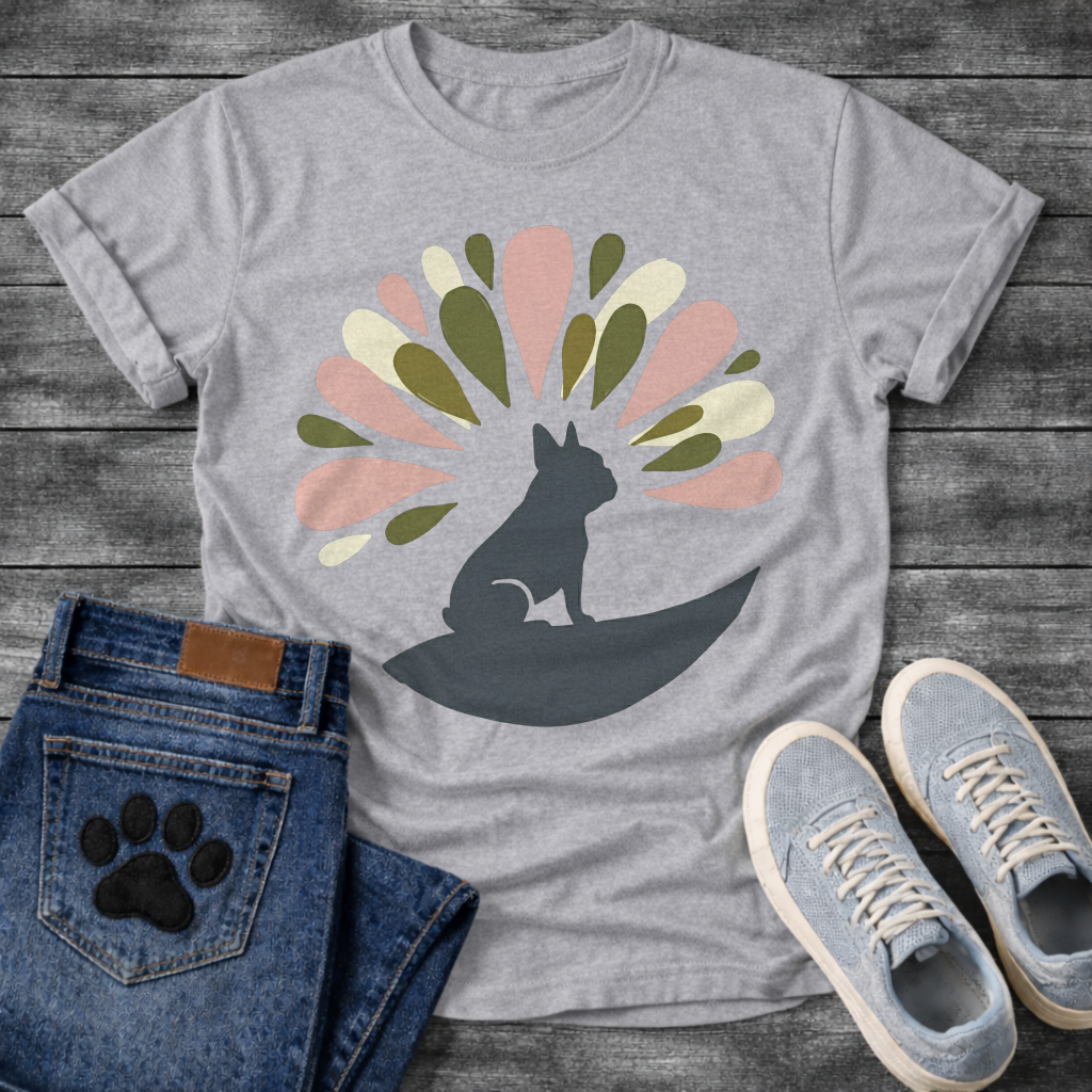 French Bulldog t-shirt with Frenchie silhouette sitting on a crescent moon, abstract teardrop petal burst radiating behind in muted pink olive green and cream tones, no text, soft boho illustration graphic