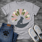 French Bulldog t-shirt with Frenchie silhouette sitting on a crescent moon, abstract teardrop petal burst radiating behind in muted pink olive green and cream tones, no text, soft boho illustration graphic
