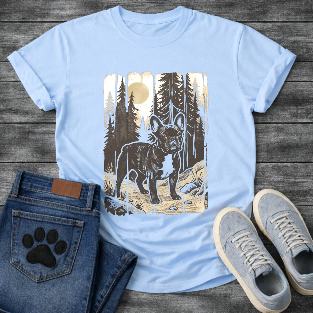 Frenchie moonlit forest woodcut vintage t-shirt sage gold black pet lover apparel dog lover gift
