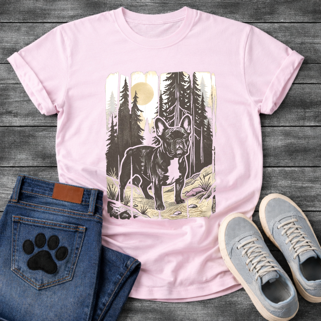 Frenchie moonlit forest woodcut vintage t-shirt sage gold black pet lover apparel dog lover gift
