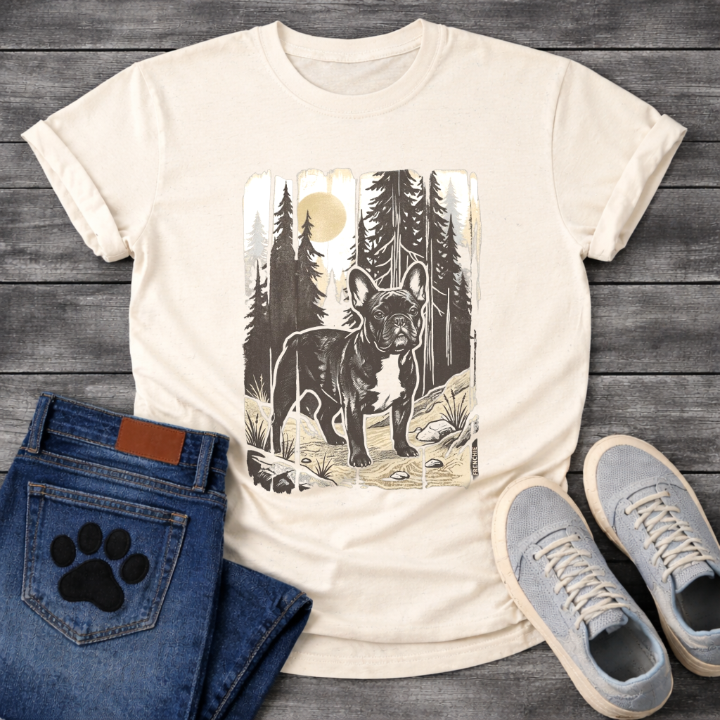Frenchie moonlit forest woodcut vintage t-shirt sage gold black pet lover apparel dog lover gift

