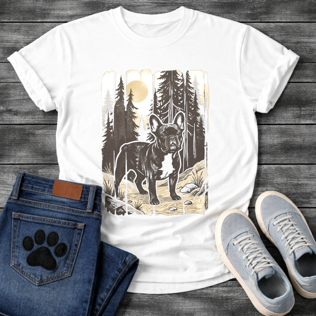 Frenchie moonlit forest woodcut vintage t-shirt sage gold black pet lover apparel dog lover gift
