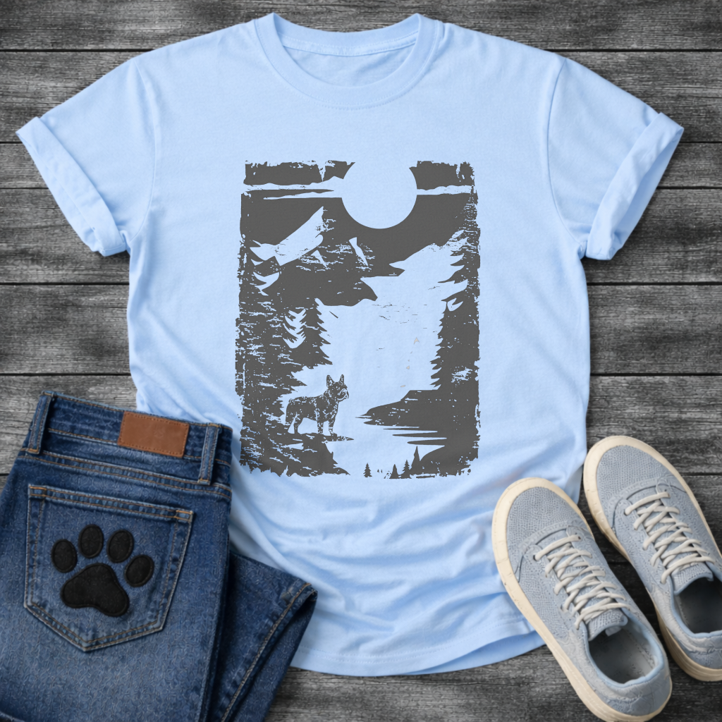 French Bulldog vintage woodcut mountain moon night graphic dog shirt unisex tee
