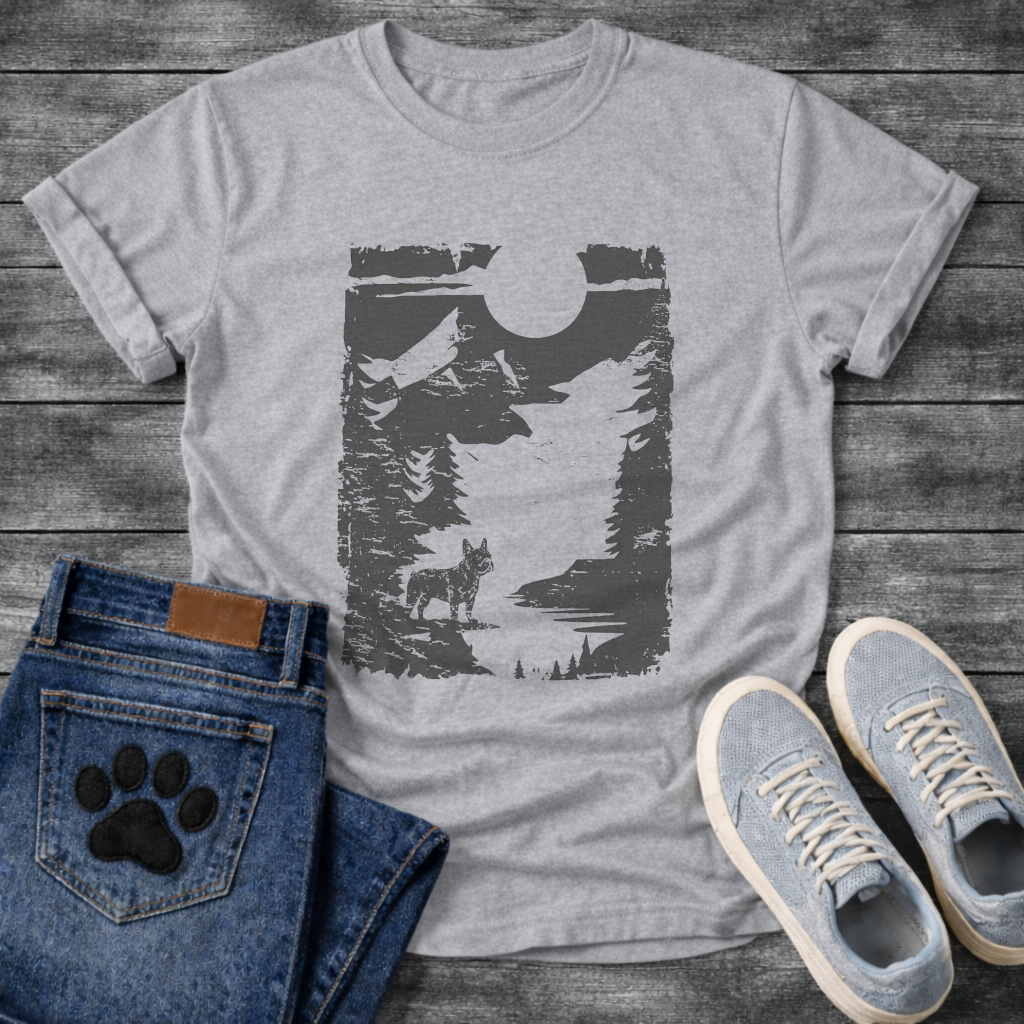 French Bulldog vintage woodcut mountain moon night graphic dog shirt unisex tee
