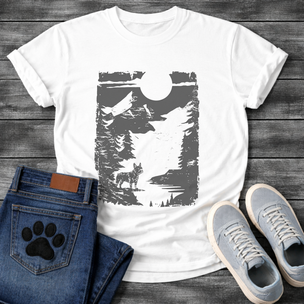 French Bulldog vintage woodcut mountain moon night graphic dog shirt unisex tee
