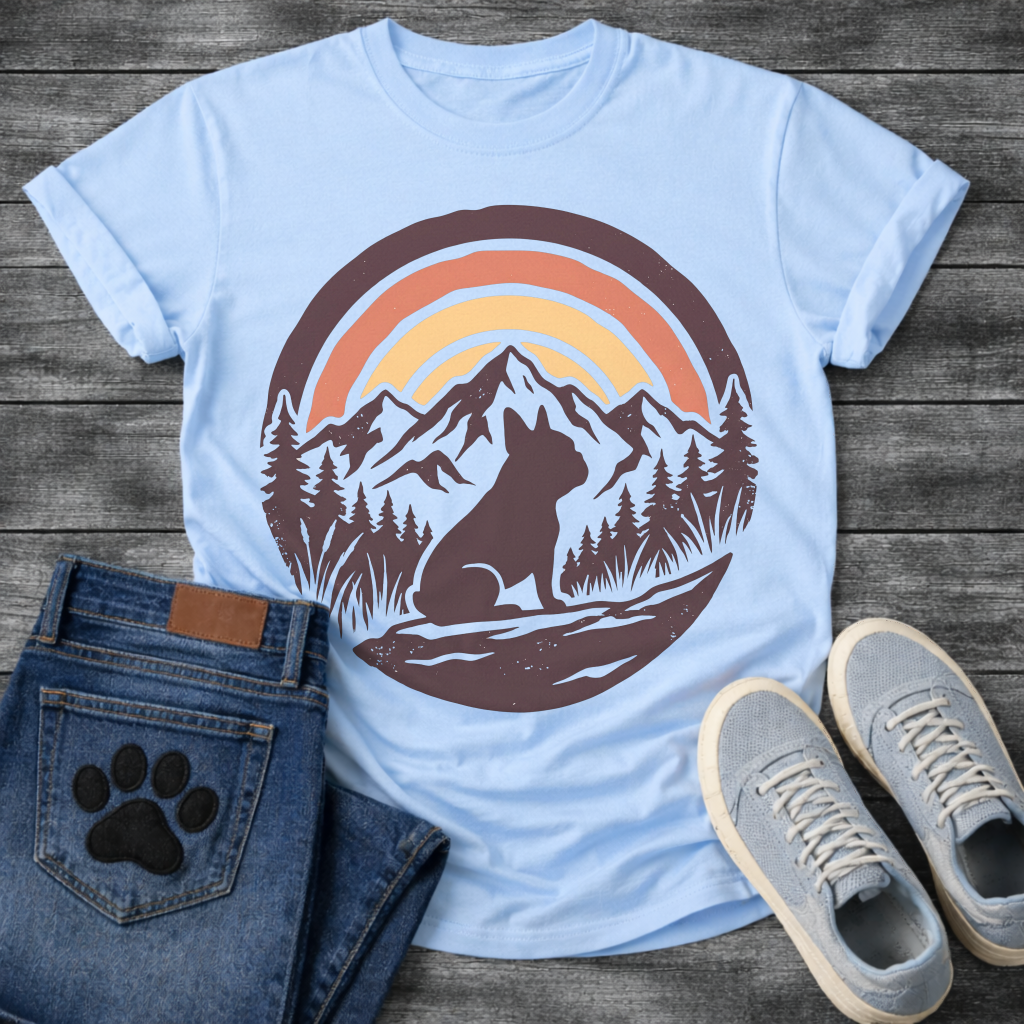 French Bulldog t-shirt with circular badge illustration, Frenchie silhouette sitting on a rocky trail surrounded by pine trees and mountain peaks, retro sunset stripe arch above in terracotta and gold, deep plum border, distressed vintage texture, no text