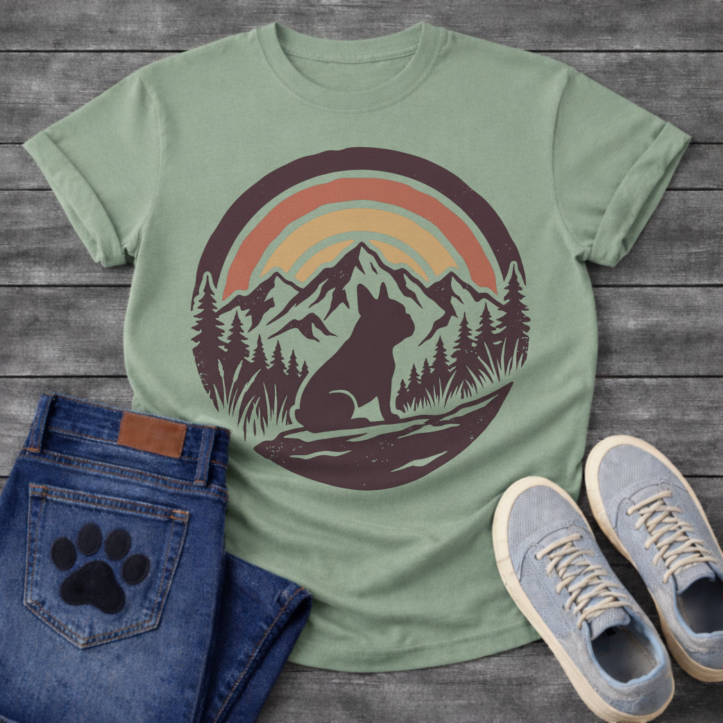 French Bulldog t-shirt with circular badge illustration, Frenchie silhouette sitting on a rocky trail surrounded by pine trees and mountain peaks, retro sunset stripe arch above in terracotta and gold, deep plum border, distressed vintage texture, no text