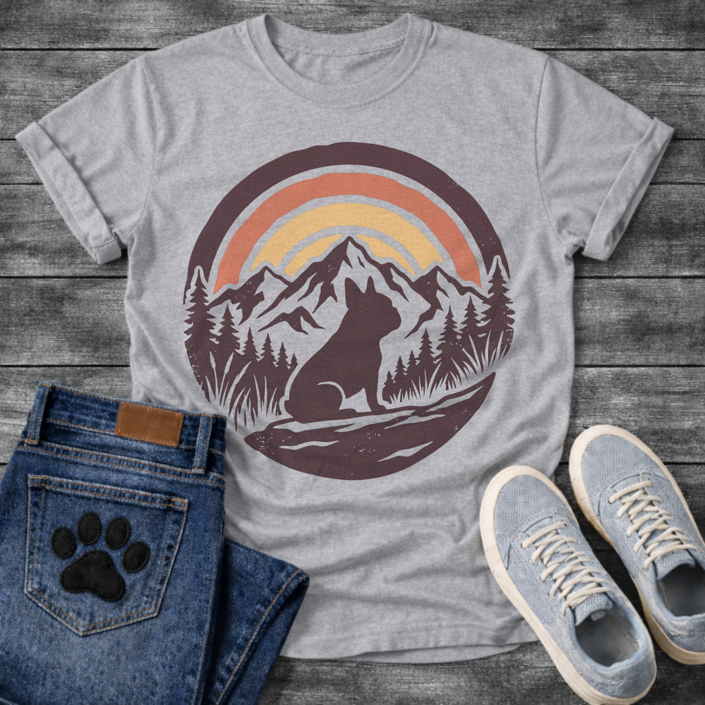French Bulldog t-shirt with circular badge illustration, Frenchie silhouette sitting on a rocky trail surrounded by pine trees and mountain peaks, retro sunset stripe arch above in terracotta and gold, deep plum border, distressed vintage texture, no text