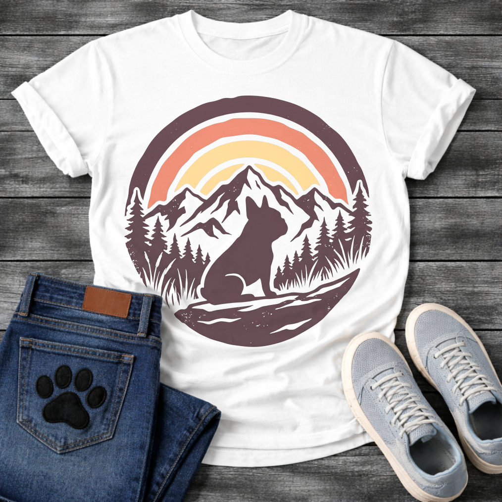 French Bulldog t-shirt with circular badge illustration, Frenchie silhouette sitting on a rocky trail surrounded by pine trees and mountain peaks, retro sunset stripe arch above in terracotta and gold, deep plum border, distressed vintage texture, no text