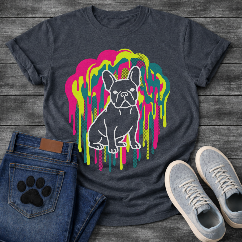 French Bulldog t-shirt with white outline full body Frenchie sitting centered in a neon blob drip explosion, hot pink electric yellow and teal halftone color clouds with long paint drips running below, no text multi-color pop art graphic
