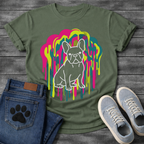 French Bulldog t-shirt with white outline full body Frenchie sitting centered in a neon blob drip explosion, hot pink electric yellow and teal halftone color clouds with long paint drips running below, no text multi-color pop art graphic
