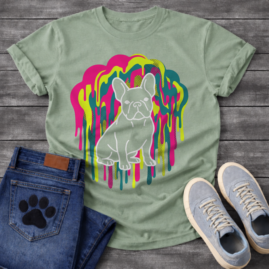 French Bulldog t-shirt with white outline full body Frenchie sitting centered in a neon blob drip explosion, hot pink electric yellow and teal halftone color clouds with long paint drips running below, no text multi-color pop art graphic
