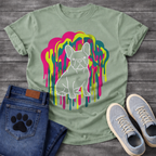 French Bulldog t-shirt with white outline full body Frenchie sitting centered in a neon blob drip explosion, hot pink electric yellow and teal halftone color clouds with long paint drips running below, no text multi-color pop art graphic

