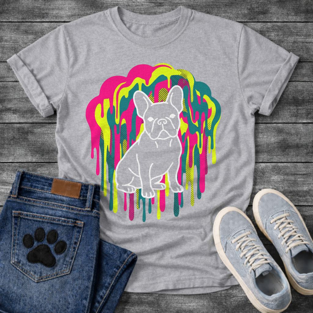 French Bulldog t-shirt with white outline full body Frenchie sitting centered in a neon blob drip explosion, hot pink electric yellow and teal halftone color clouds with long paint drips running below, no text multi-color pop art graphic

